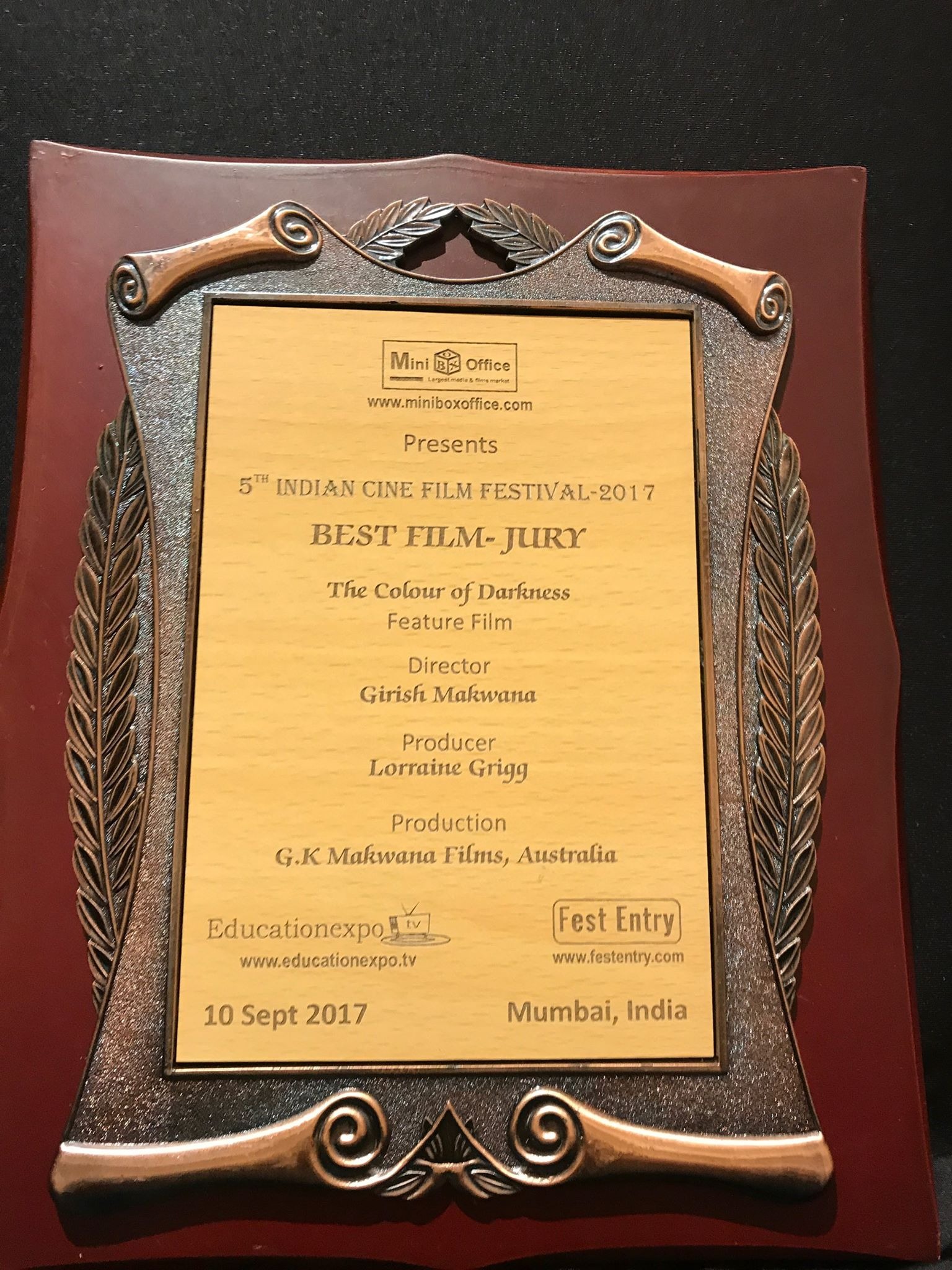 Best Film Jury Award plaque from the 5th Indian Cine Film Festival 2017