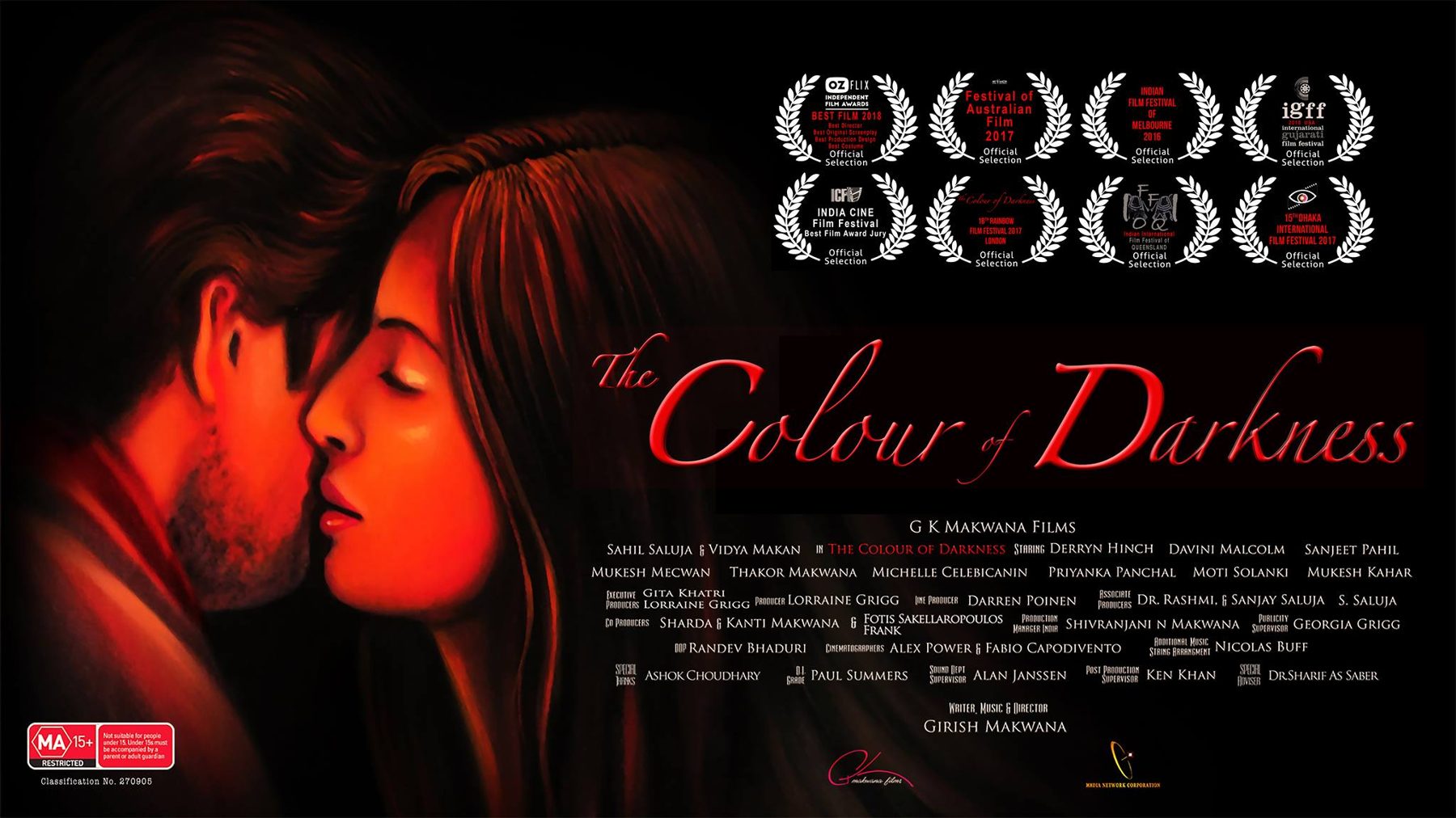 The Colour of Darkness poster artwork with festival laurels